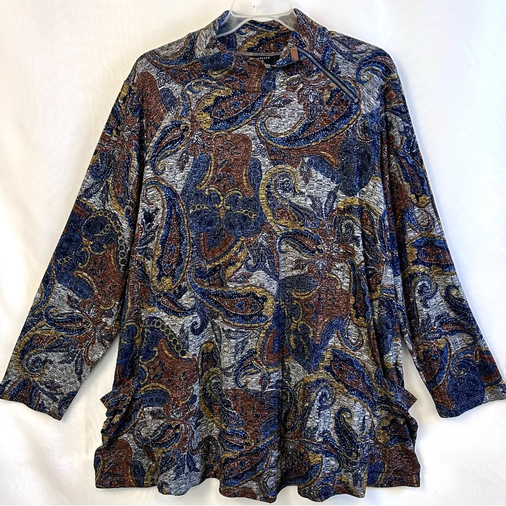 Susan Graver Women’s 3XL Paisley Long Sleeve Hogh Neck Pocket Tunic Top